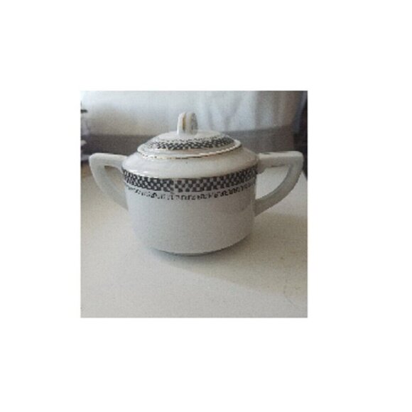 Sugar Bowl MC Made in Japan White Black Checkerboard pattern Gold Trim Handles - Picture 5 of 12